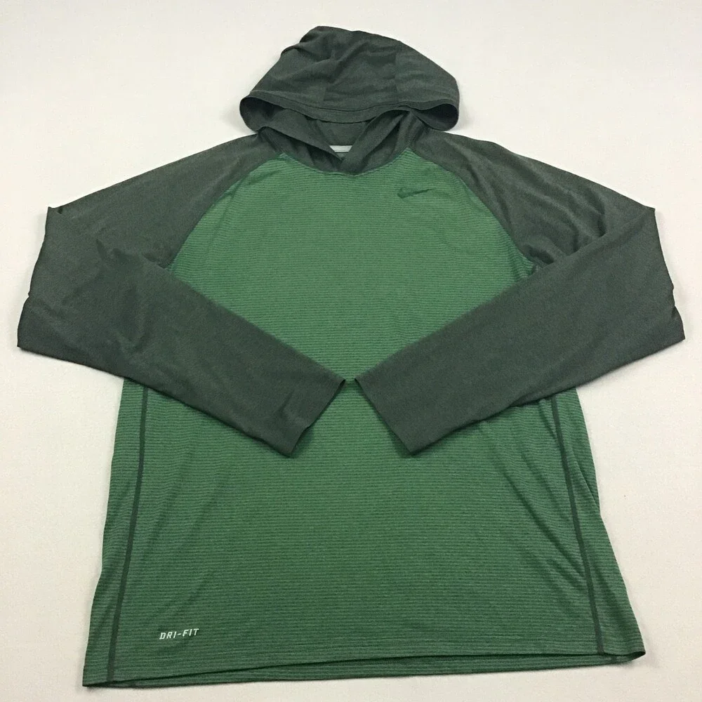Nike Shirt Men Large Green Long Sleeve Pullover Dri-FIT Hood Pullover Tee L *
